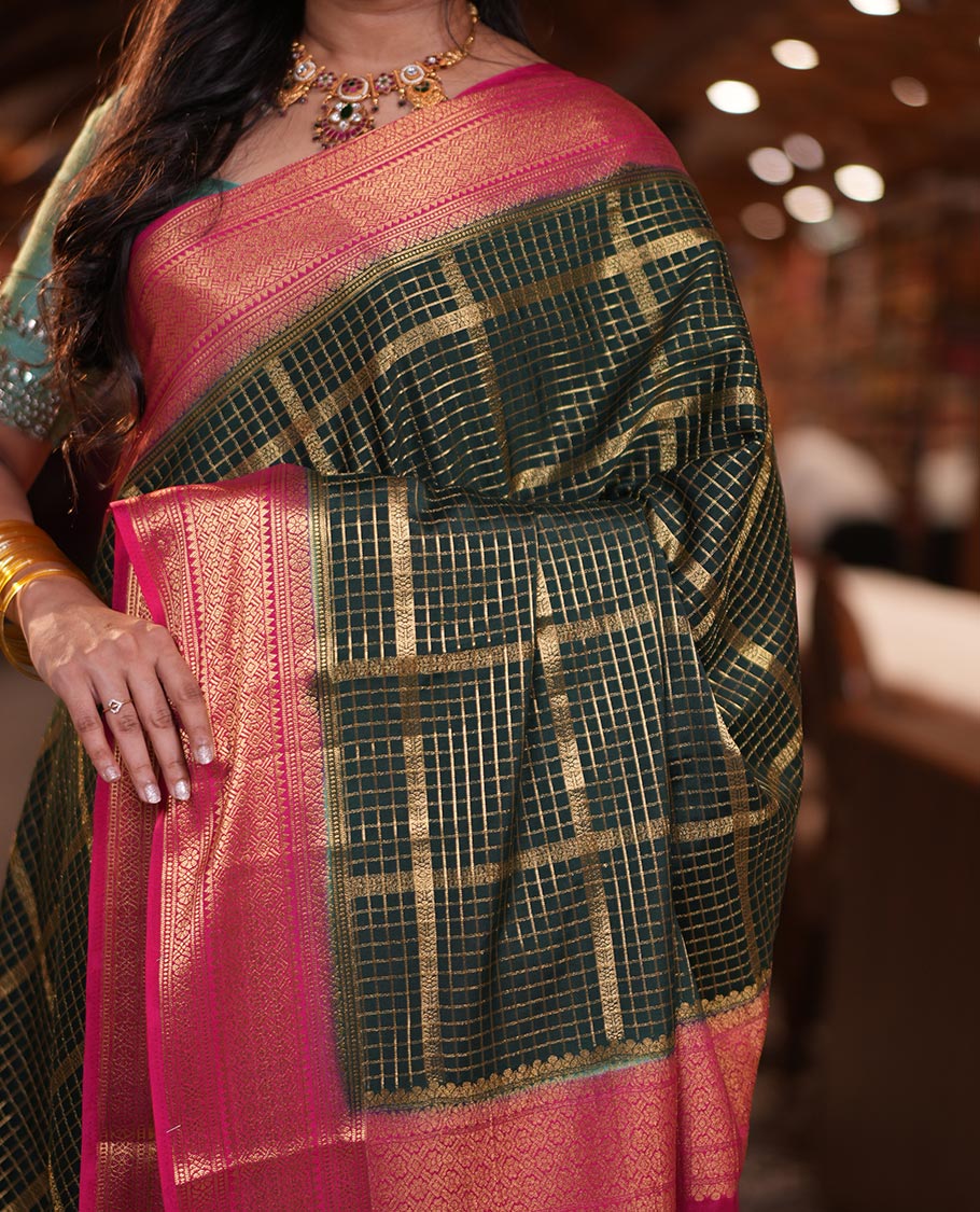 Bottle Green Fancy Mysore Silk Saree Features Zari Checks, Contrast Traditional Border, Grand Pallu, Contrast Blouse
