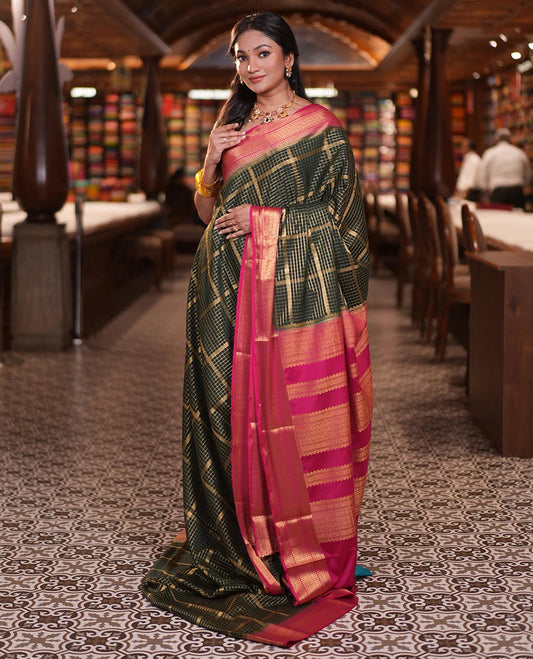 Bottle Green Fancy Mysore Silk Saree Features Zari Checks, Contrast Traditional Border, Grand Pallu, Contrast Blouse
