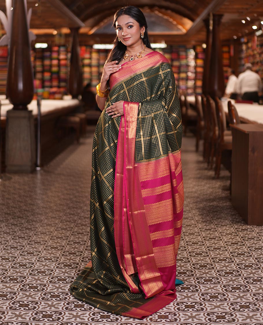 Bottle Green Fancy Mysore Silk Saree Features Zari Checks, Contrast Traditional Border, Grand Pallu, Contrast Blouse