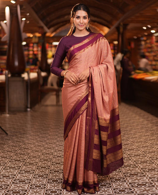 Onion Pink Fancy Mysore Silk Saree Features Checks, Contrast Traditional Double-Pet Border, Rich Pallu, Contrast Blouse