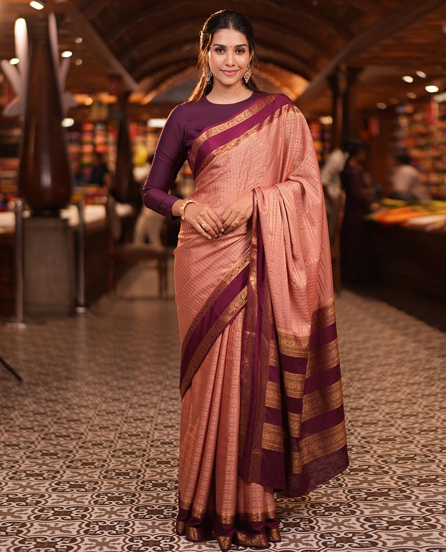 Onion Pink Fancy Mysore Silk Saree Features Checks, Contrast Traditional Double-Pet Border, Rich Pallu, Contrast Blouse