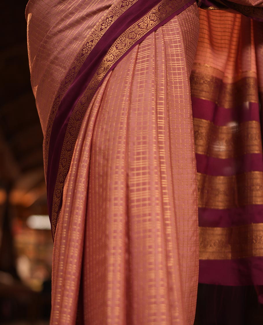 Onion Pink Fancy Mysore Silk Saree Features Checks, Contrast Traditional Double-Pet Border, Rich Pallu, Contrast Blouse