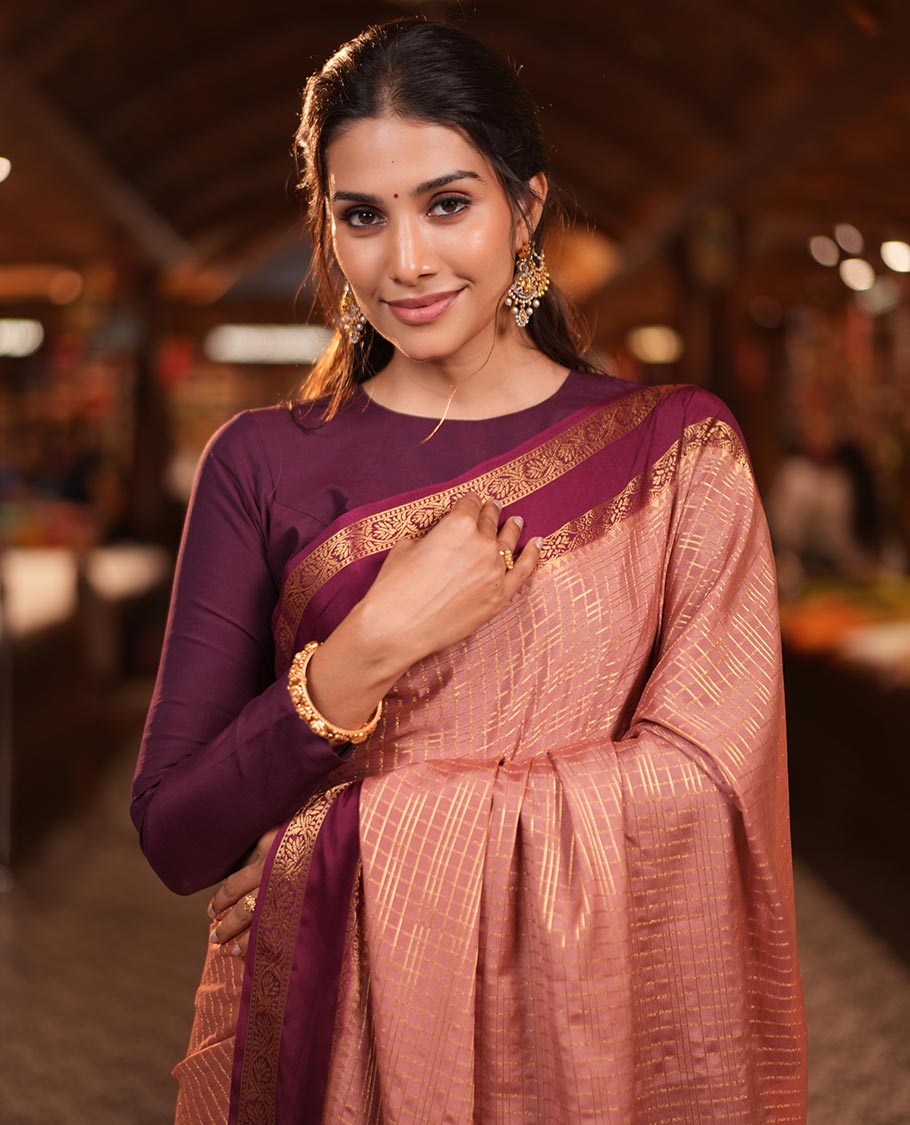 Onion Pink Fancy Mysore Silk Saree Features Checks, Contrast Traditional Double-Pet Border, Rich Pallu, Contrast Blouse