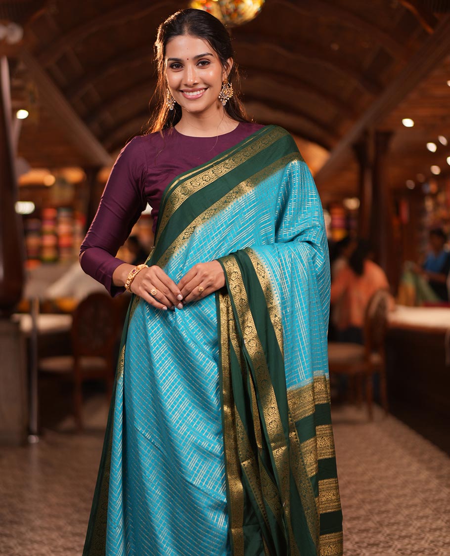 Rama Blue Fancy Mysore Silk Saree Features Checks, Contrast Traditional Double-Pet Border, Rich Pallu, Contrast Blouse
