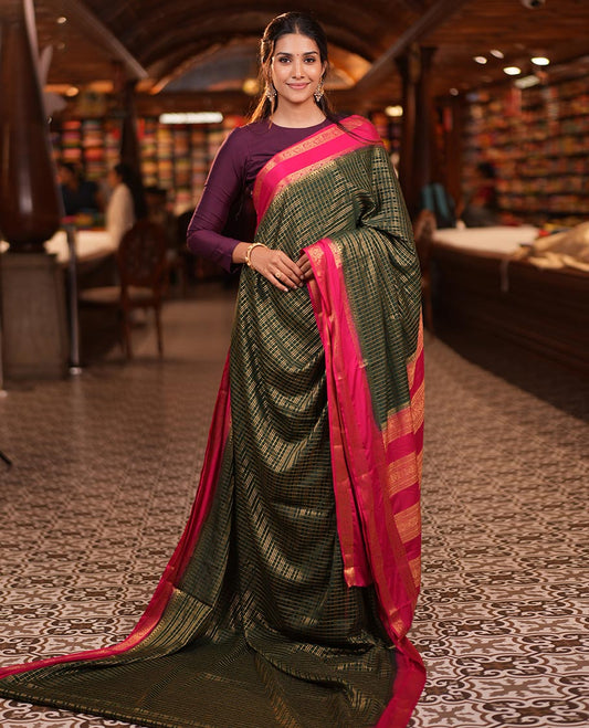 Bottle Green Fancy Mysore Silk Saree Features Checks, Contrast Traditional Double-Pet Border, Rich Pallu, Contrast Blouse