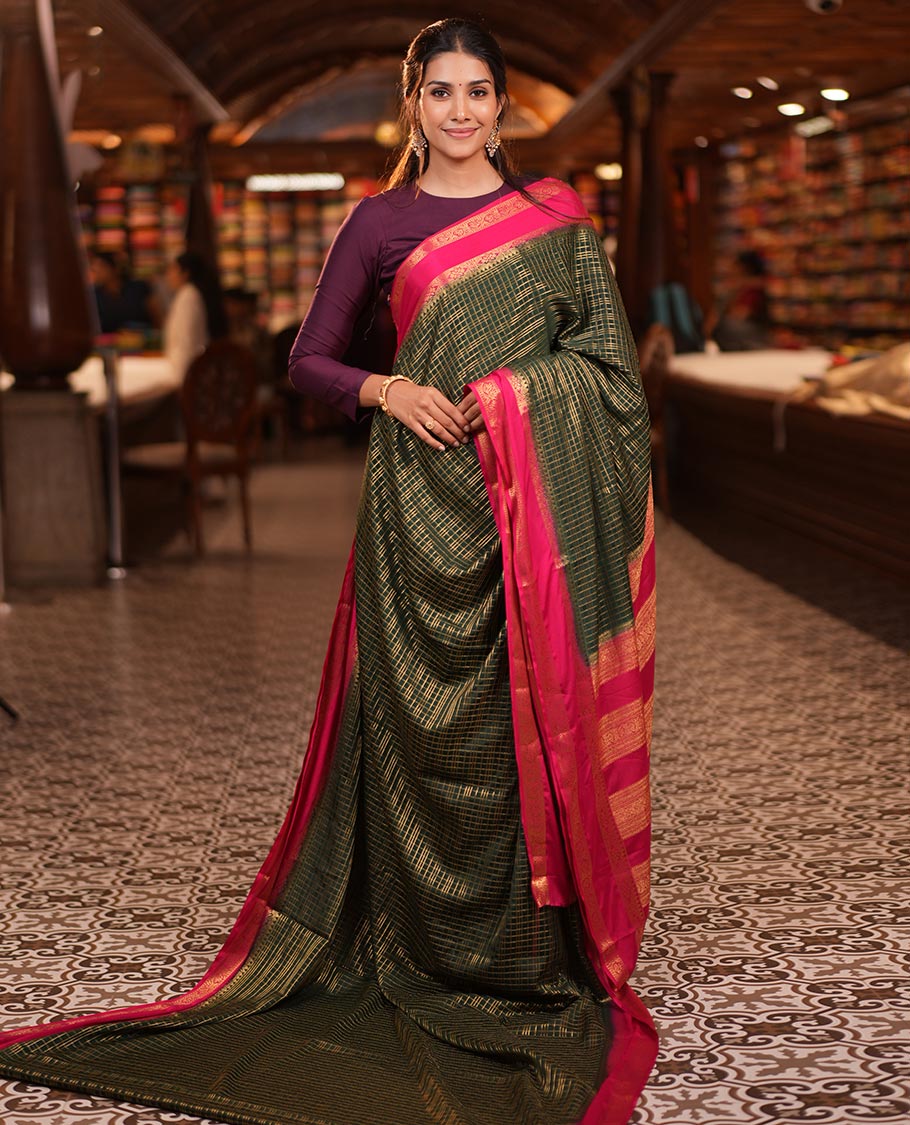 Bottle Green Fancy Mysore Silk Saree Features Checks, Contrast Traditional Double-Pet Border, Rich Pallu, Contrast Blouse