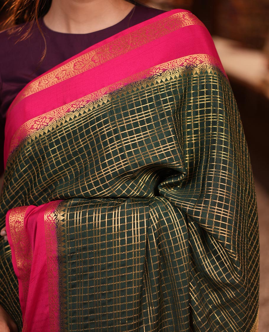 Bottle Green Fancy Mysore Silk Saree Features Checks, Contrast Traditional Double-Pet Border, Rich Pallu, Contrast Blouse