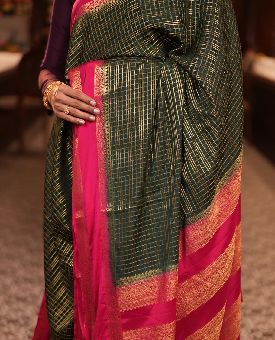 Bottle Green Fancy Mysore Silk Saree Features Checks, Contrast Traditional Double-Pet Border, Rich Pallu, Contrast Blouse