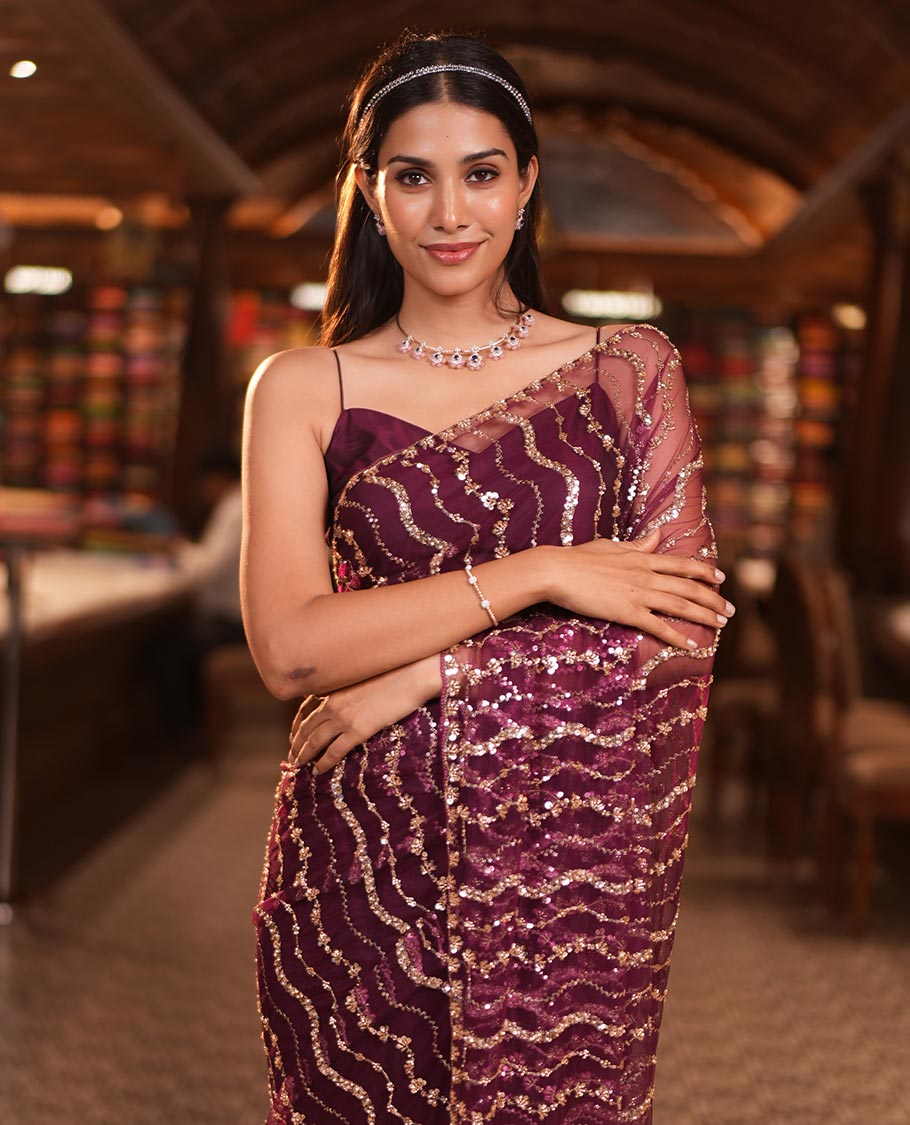 Wine Zig-Zag Sequin Striped Net Designer Saree with Matching Blouse