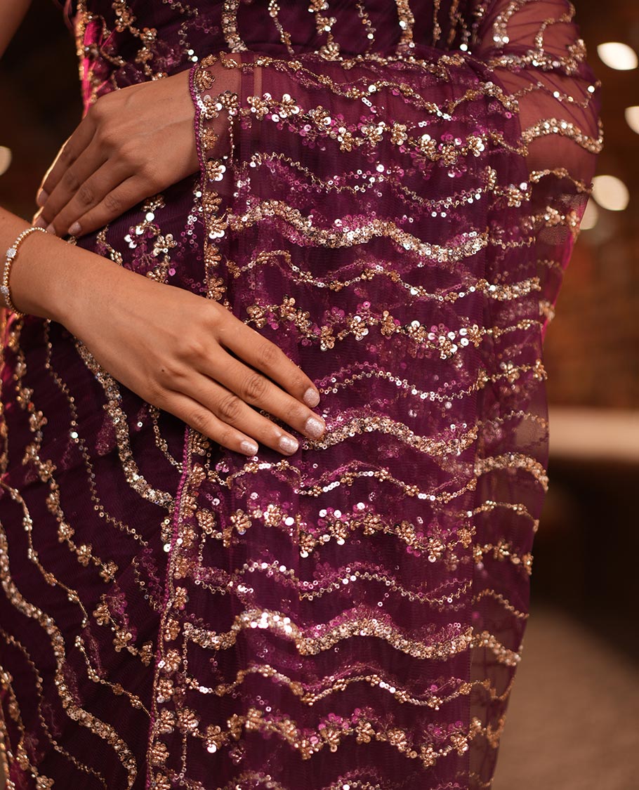 Wine Zig-Zag Sequin Striped Net Designer Saree with Matching Blouse