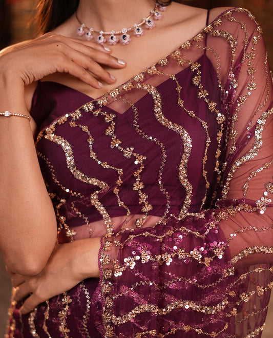 Wine Zig-Zag Sequin Striped Net Designer Saree with Matching Blouse