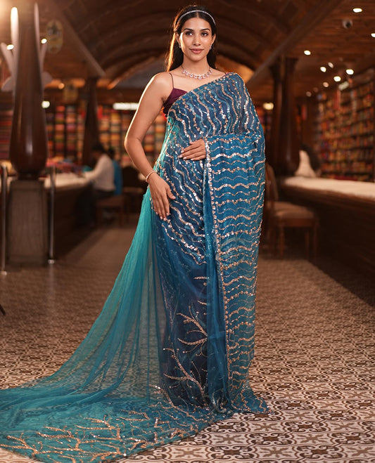 Peacock Green Zig-Zag Sequin Striped Net Designer Saree with Matching Blouse