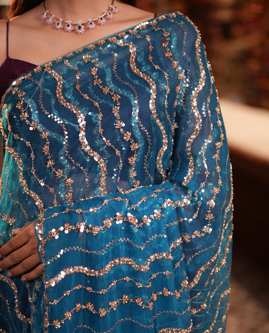 Peacock Green Zig-Zag Sequin Striped Net Designer Saree with Matching Blouse