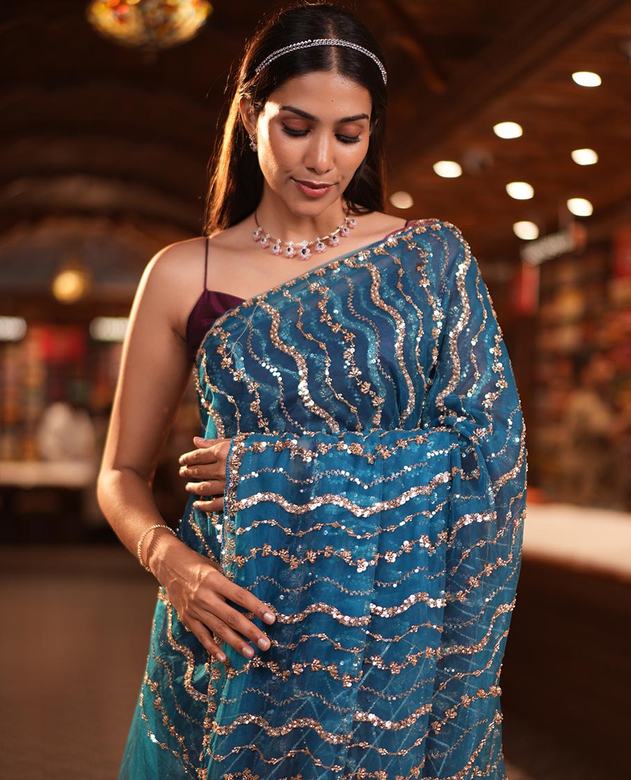 Peacock Green Zig-Zag Sequin Striped Net Designer Saree with Matching Blouse