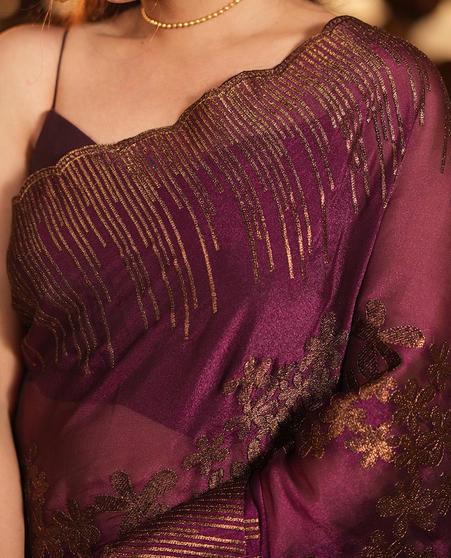 Purple Iconic Blooming Saree, Woven with Floral Copper-Thread Embroidery Border, and Matching Blouse
