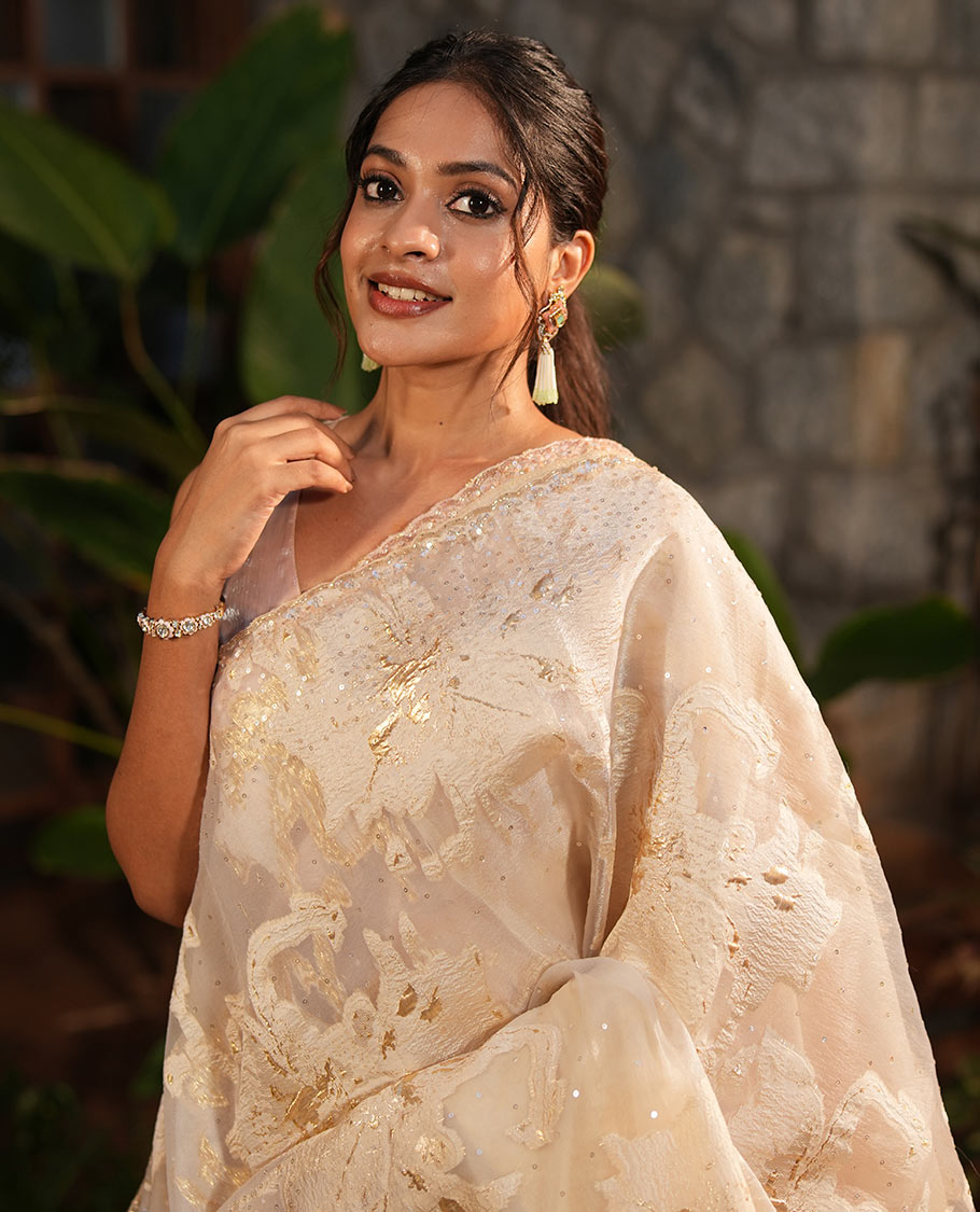 Gold Turkey Organza Saree, Shimmering with Floral Threadwork, a Gleaming Scallop Border, and a Matching Blouse