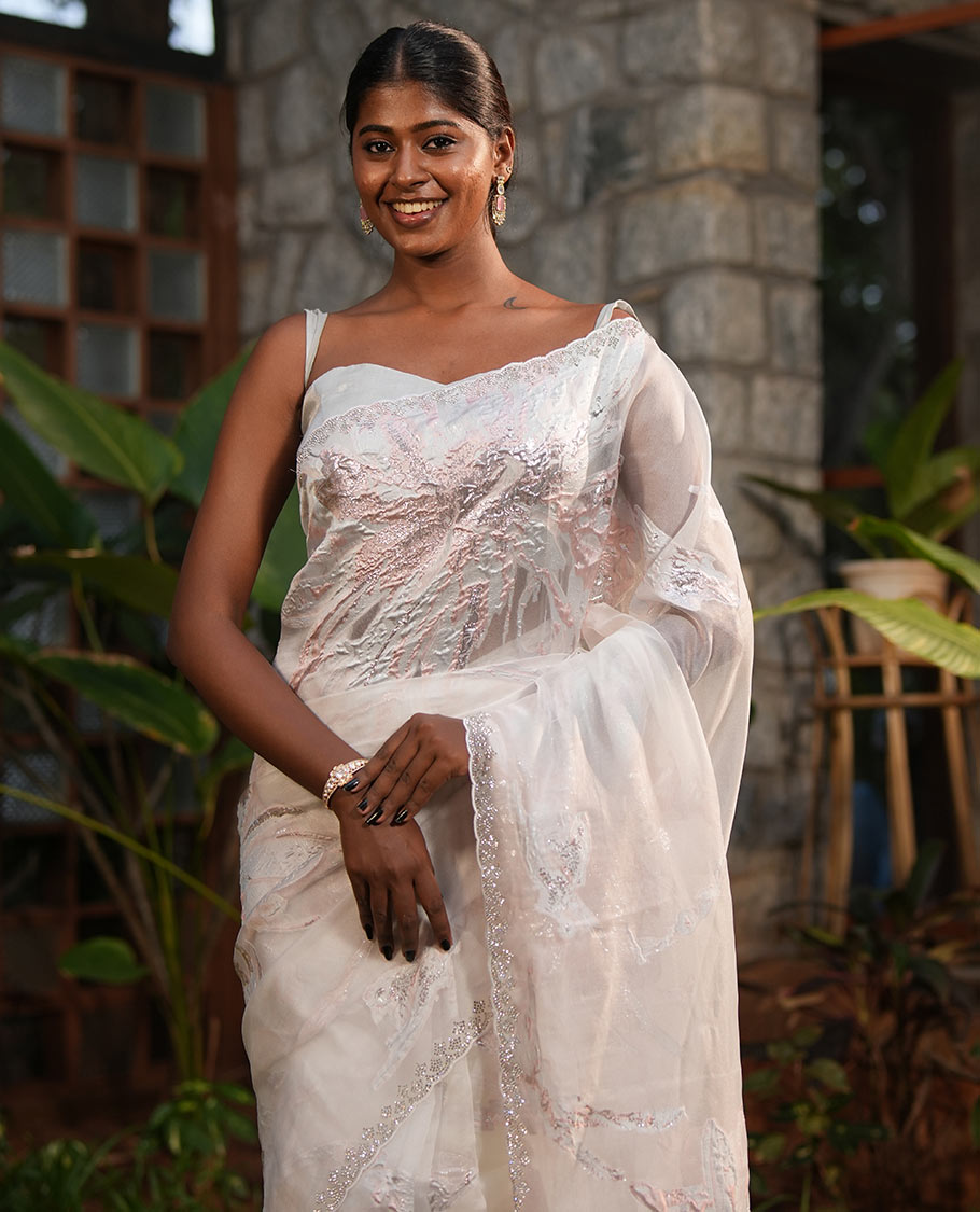 Silver Grey Turkey Organza Saree, Crafted with Floral-themed Rose Gold Threadwork, Swarovski Stonework Border, and Matching Blouse
