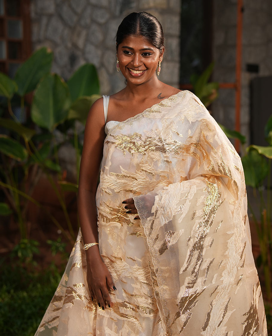 Gold Turkey Organza Saree, Adorned with Abstract-Style Gold Thread Work, Swarovski Stonework Border, and Matching Blouse