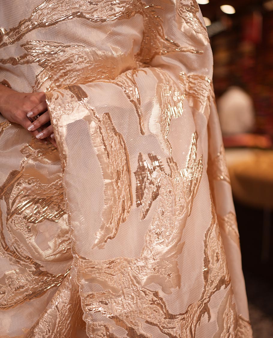 Gold Turkey Organza Saree Features Geometric Glitterwork, Scallop Beadwork Border, Embroidered Blouse