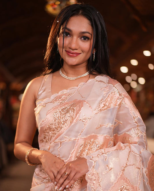 Peach Turkey Organza Saree Features Geometric Glitterwork, Scallop Beadwork Border, Embroidered Blouse