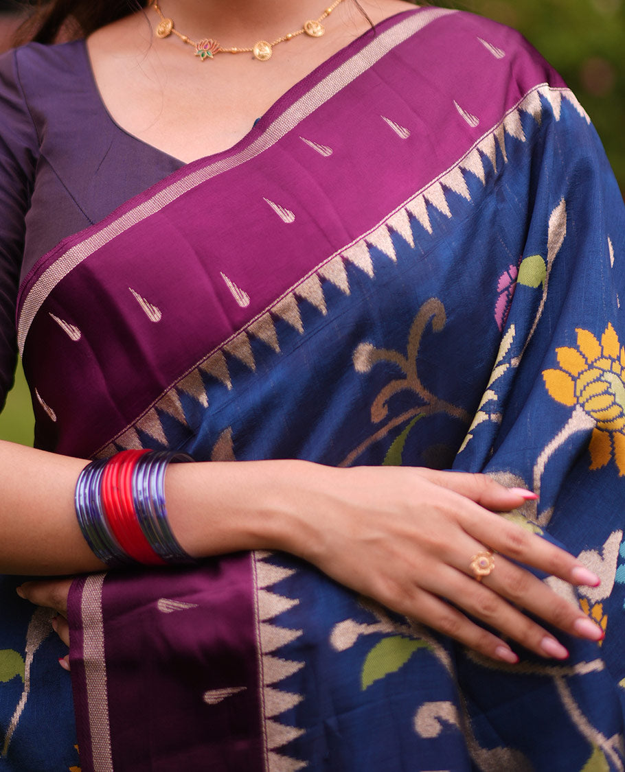 Navy Paithani Floral Organza Saree, Contrast Temple Border, Contrast Blouse