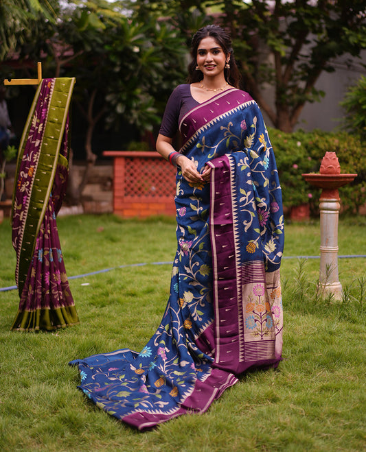 Navy Paithani Floral Organza Saree, Contrast Temple Border, Contrast Blouse