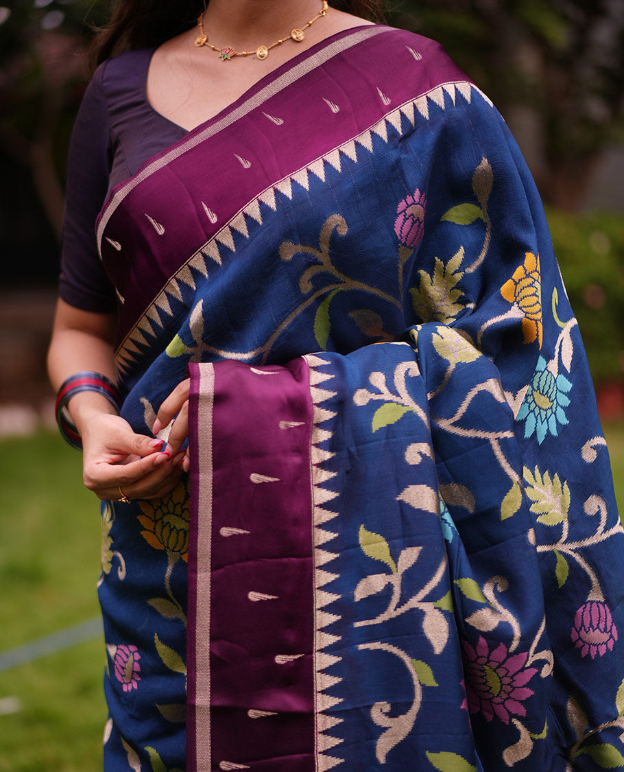 Navy Paithani Floral Organza Saree, Contrast Temple Border, Contrast Blouse