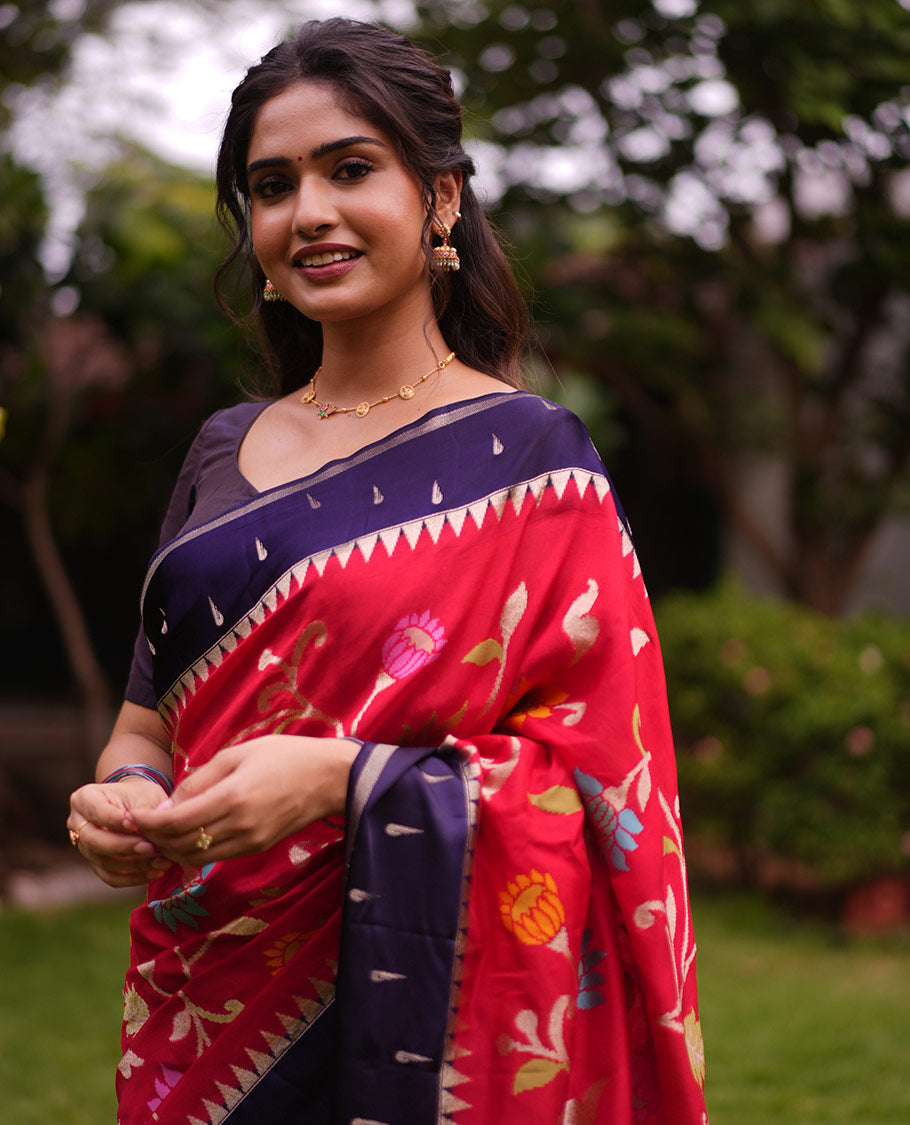 Red Paithani Floral Vine Organza Saree, Contrast Temple Muniya Border, Contrast Blouse