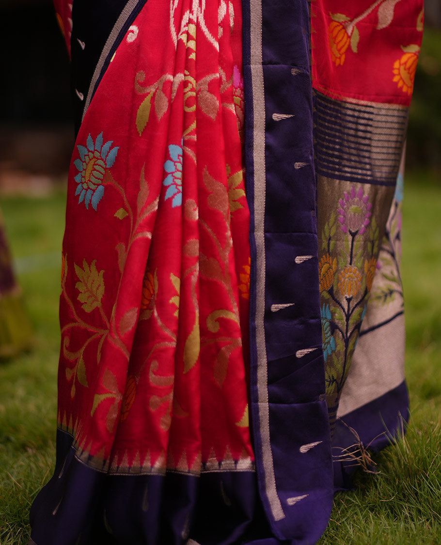Red Paithani Floral Vine Organza Saree, Contrast Temple Muniya Border, Contrast Blouse