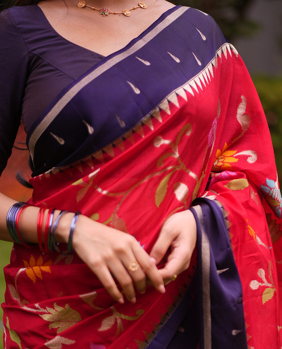 Red Paithani Floral Vine Organza Saree, Contrast Temple Muniya Border, Contrast Blouse