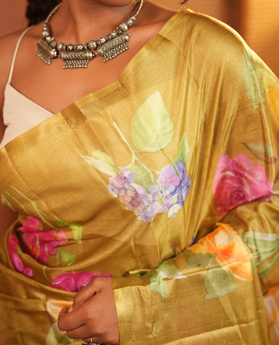 Borderless Green Tussar Silk Saree, Finely Printed with Floral Motifs On Its Body, Subtly Floral Printed Pallu and Paired with a Printed Blouse