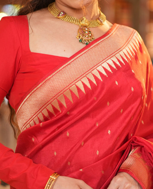 Red HO-Silk Saree, Elevated with Diamond Buttas All Over Its Body, Highlighted by Temple Border, Complemented by Pallu Depicting Floral and Crane Motifs, Paired with a Matching Blouse