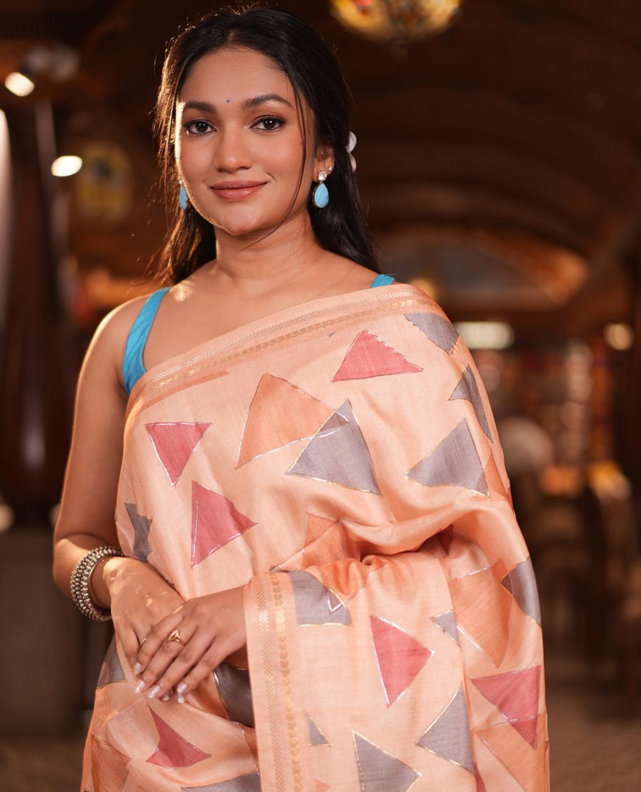 Peach Fancy Tussar Silk Saree Features Triangle Motifs, Zari Border, Striped Pallu, Matching Blouse