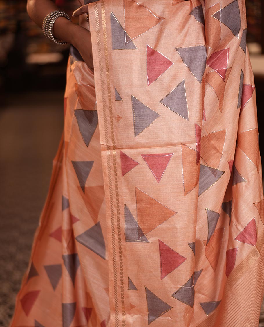Peach Fancy Tussar Silk Saree Features Triangle Motifs, Zari Border, Striped Pallu, Matching Blouse