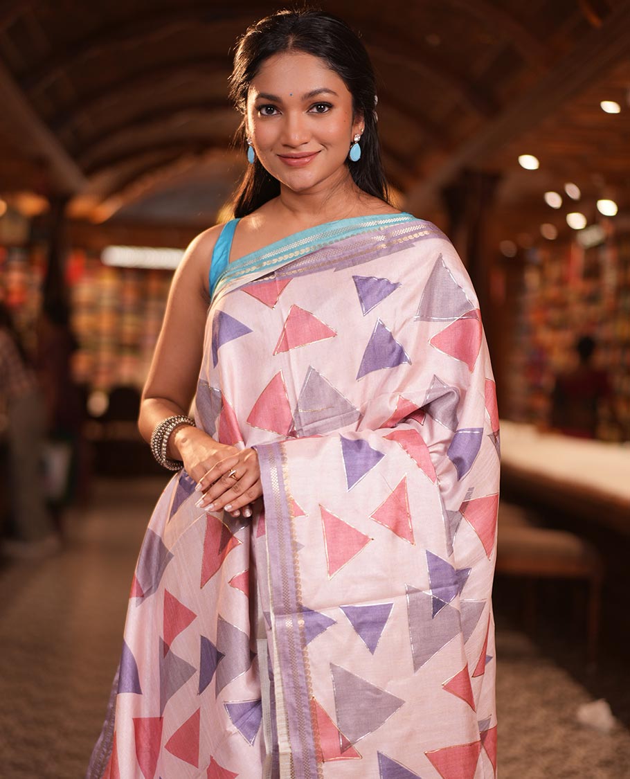 Pink Fancy Tussar Silk Saree Features Triangle Motifs, Zari Border, Striped Pallu, Matching Blouse