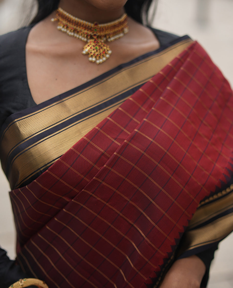 Rust Maroon-Dark Purple Vasundhara Lite Silkmix Saree, Graced with Checks, Contrast Border of Rekku, Manga Mokku, and Mayil Kann, Grand Pallu, and Contrast Blouse