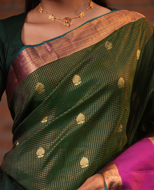 Dark Green-Magenta Vasundhara Silk Saree Features Zari Buttas and Checks,Contrast Thazampoo Rekku Rettai Pettu Mayil Border, Grand Pallu, and Contrast Blouse