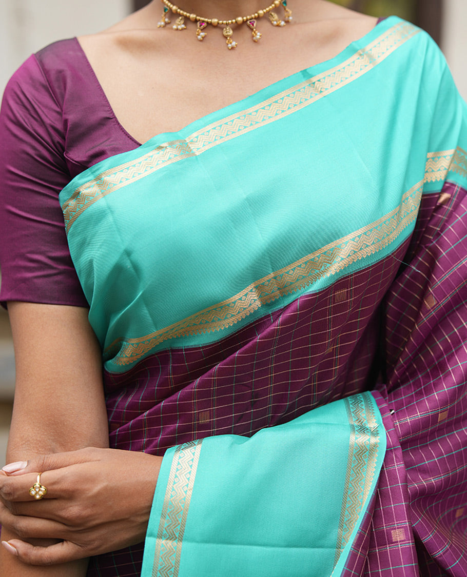 Magenta-Sapphire Blue Vasundhara Silk Saree Features Zari Butta and Checks, Contrast Rettai Pettu Border, Jaal Pallu, and a Contrast Blouse