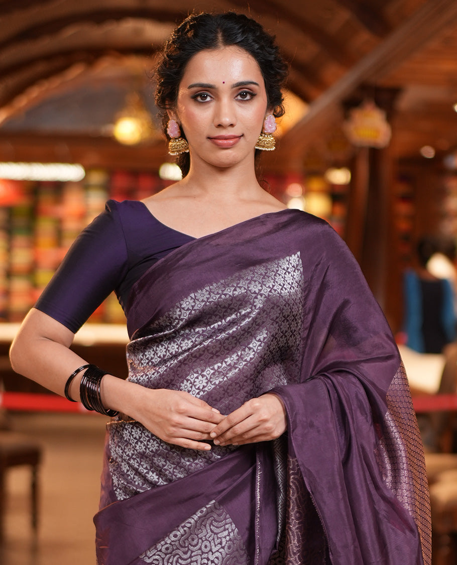 Borderless Purple Chanderi Cotton Saree, Steeped in the Richness of Zari Big Square Buttas All Over Its Body, Highlighted by Geometric Patterned Pallu and Paired with a Matching Blouse