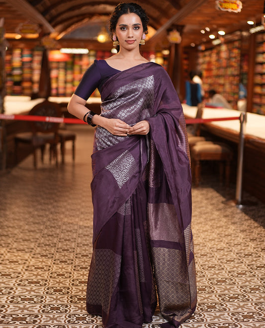 Borderless Purple Chanderi Cotton Saree, Steeped in the Richness of Zari Big Square Buttas All Over Its Body, Highlighted by Geometric Patterned Pallu and Paired with a Matching Brocade Blouse