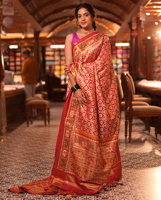 Red Intricate Motif Semi-Patan Patola Saree, Patola Tissue Border, and a Matching Blouse