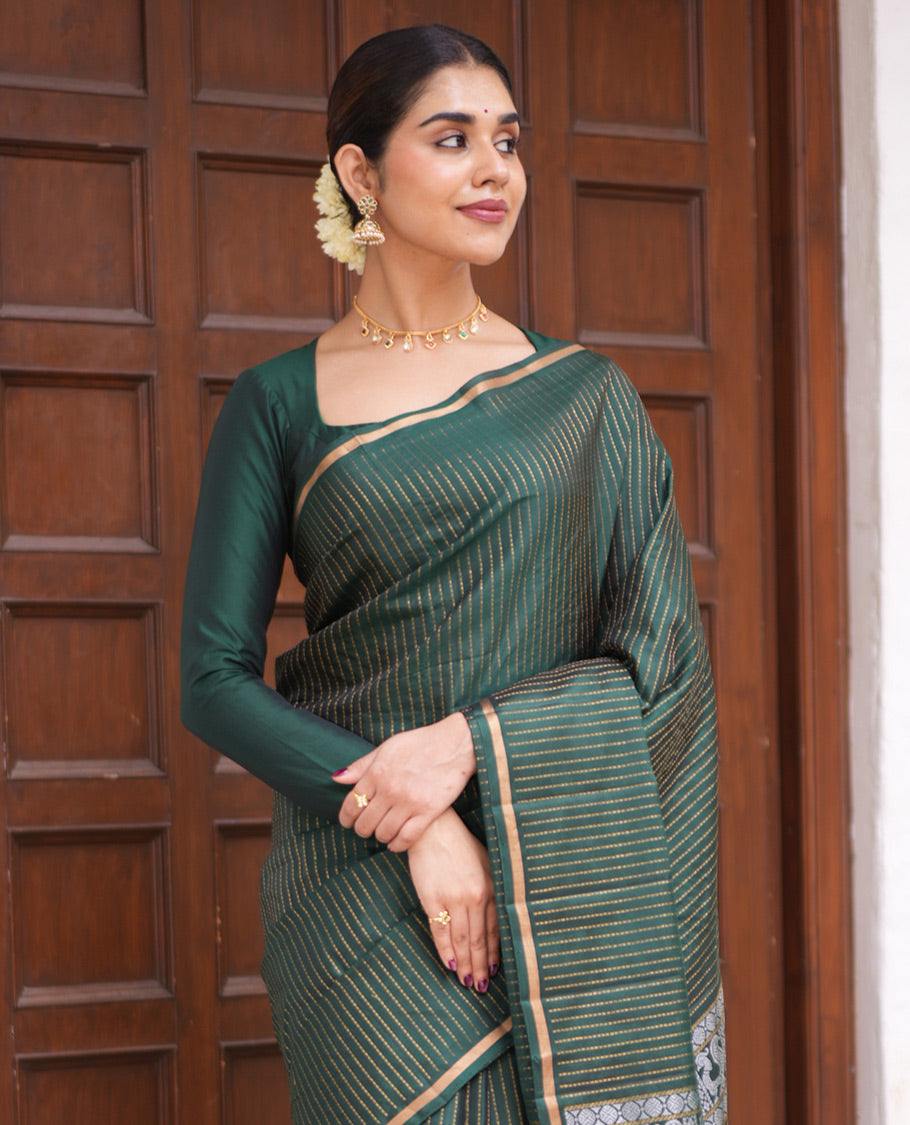 Dark Green Muthu-Striped Mayuri Silk-Mix Saree, a Piping Border, Kili-Motif Pallu, and Matching Blouse