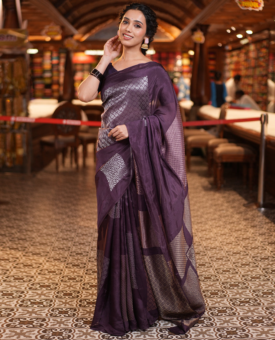 Borderless Purple Chanderi Cotton Saree, Steeped in the Richness of Zari Big Square Buttas All Over Its Body, Highlighted by Geometric Patterned Pallu and Paired with a Matching Blouse