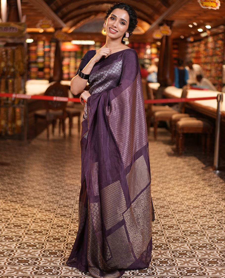 Borderless Purple Chanderi Cotton Saree, Steeped in the Richness of Zari Big Square Buttas All Over Its Body, Highlighted by Geometric Patterned Pallu and Paired with a Matching Blouse