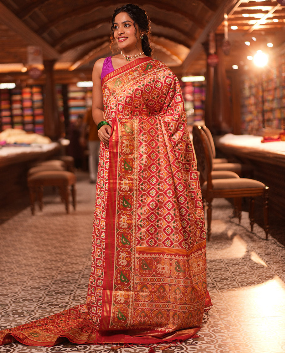 Red Intricate Motif Semi-Patan Patola Saree, Patola Tissue Border, and a Matching Blouse