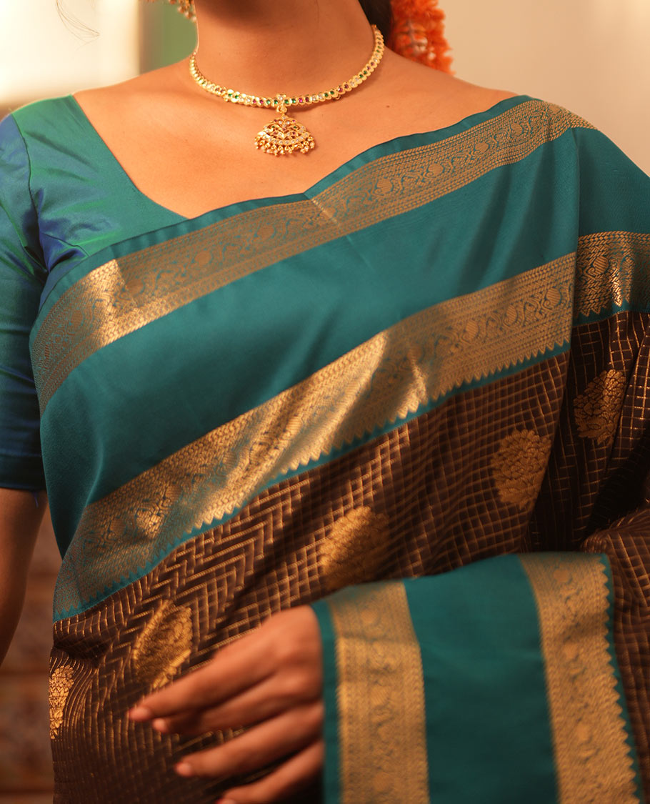 Coffee Brown-Rama Green Zari Design Budget Silk Saree,Contrast Rettai Pettu Zari Border,Jaal Pallu,Contrast Blouse