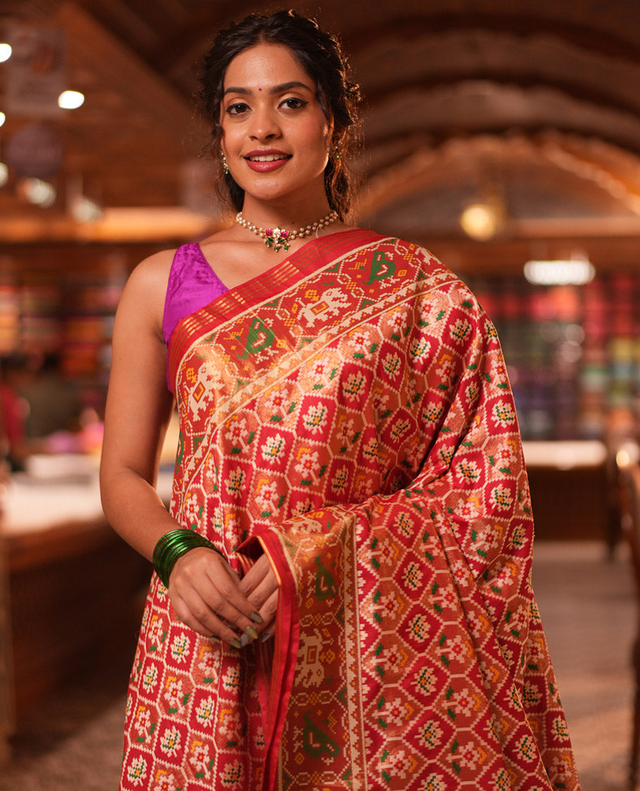 Red Intricate Motif Semi-Patan Patola Saree, Patola Tissue Border, and a Matching Blouse