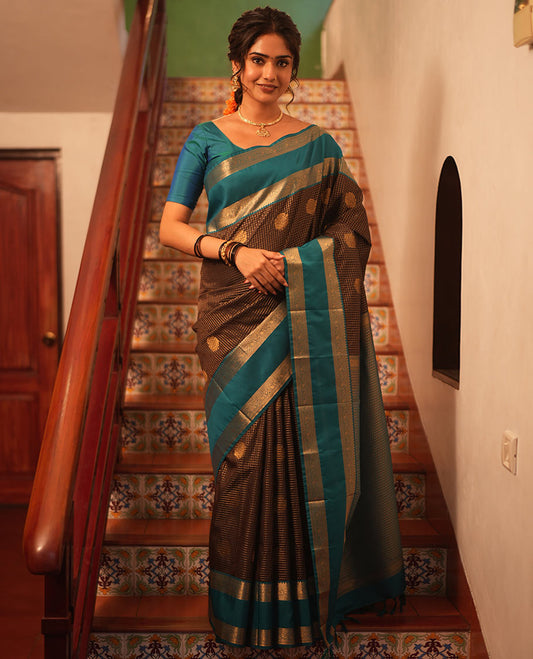 Coffee Brown-Rama Green Zari Design Budget Silk Saree,Contrast Rettai Pettu Zari Border,Jaal Pallu,Contrast Blouse