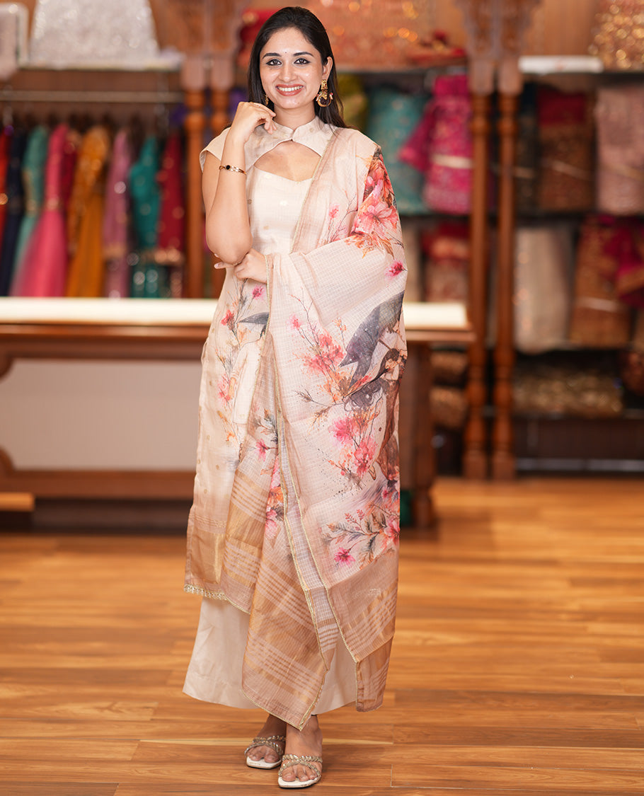 Chikku Net Kota Material Chudidar Set, Couple Printed Top, a Plain Bottom, Couple Printed Dupatta