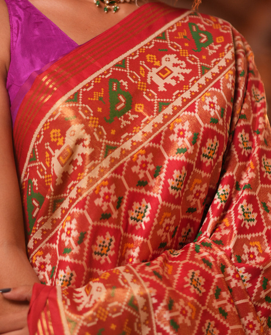 Red Intricate Motif Semi-Patan Patola Saree, Patola Tissue Border, and a Matching Blouse